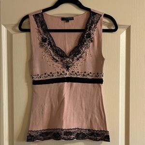 Pierri New York Pink Sleeveless V-Neck Top with Black Lace & Bead Detail